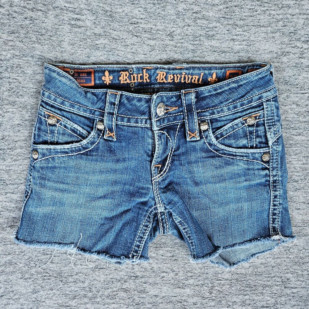 Rock Revival Womens Blue Jean Cut Off Shorts Size 25 Embroidered Fleur De Lis